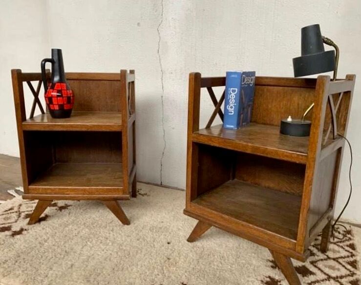 Paire de chevets vintage en chêne clair années 1950 pieds compas