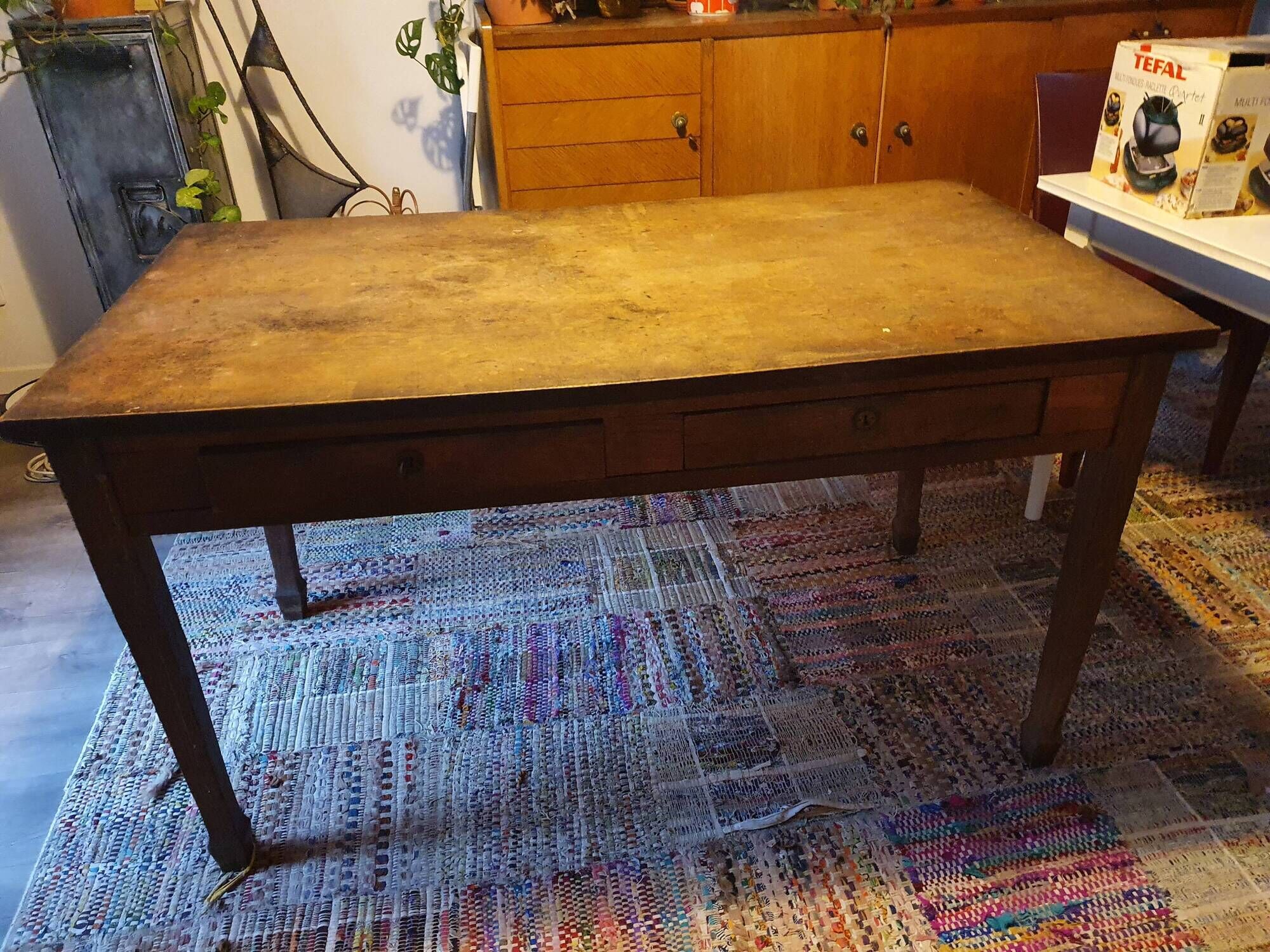 Vintage wooden antique farmhouse table with 2 drawers and their key