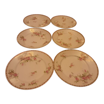 6 assiettes plates porcelaine de limoges marque au coq jbt & cie  1910  tiges de roses