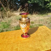Bohemian Crystal Emerald Red/Rosa Vase with 24K Gold Encrusted Floral Desig