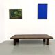Modernist coffee table in solid elm, cylindrical pine base, 1970s.