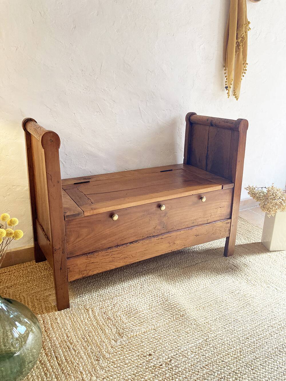 Old solid wood roller chest bench