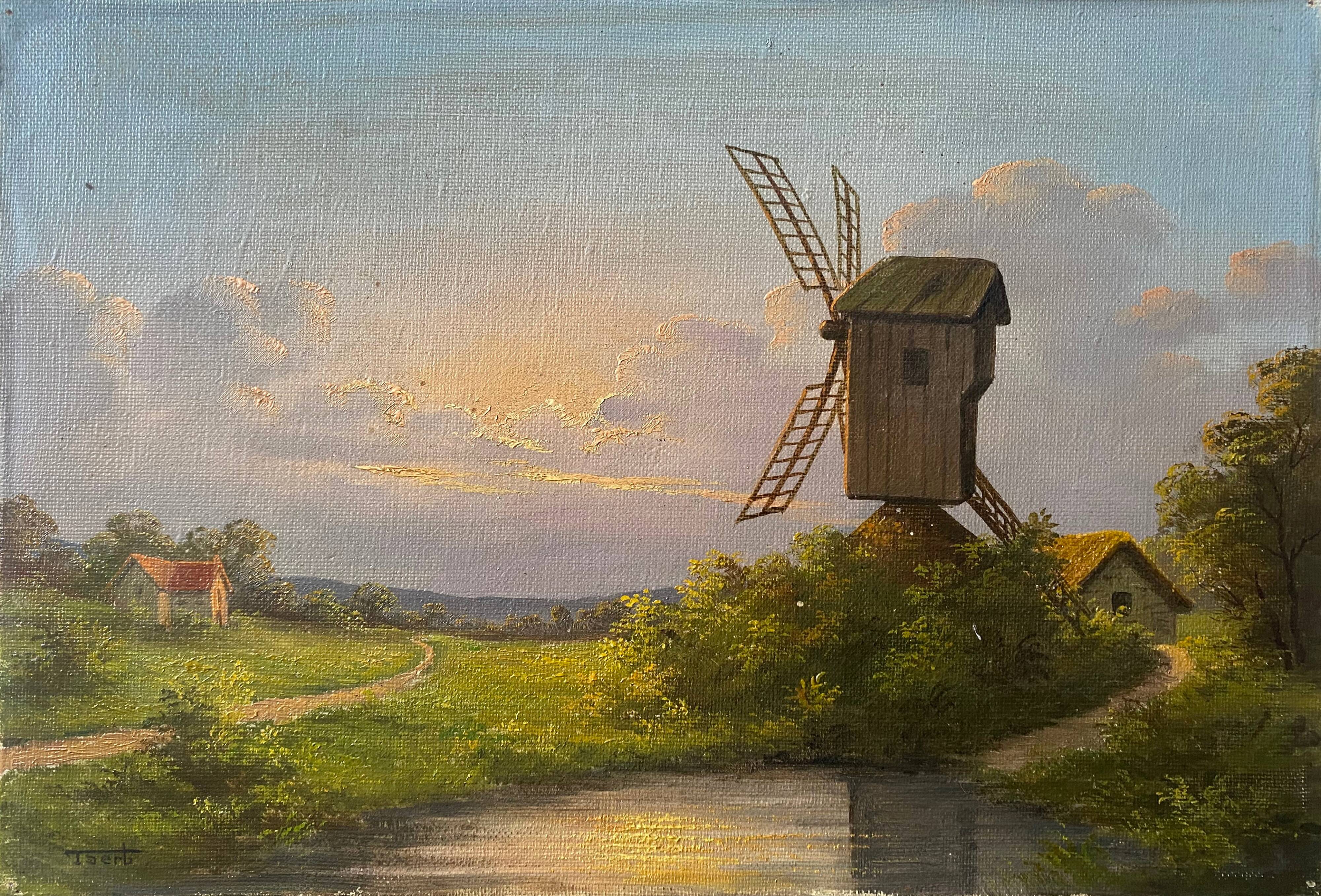 Old painting "Landscape at sunset" Mill HST signed Taerb