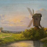 Old painting "Landscape at sunset" Mill HST signed Taerb