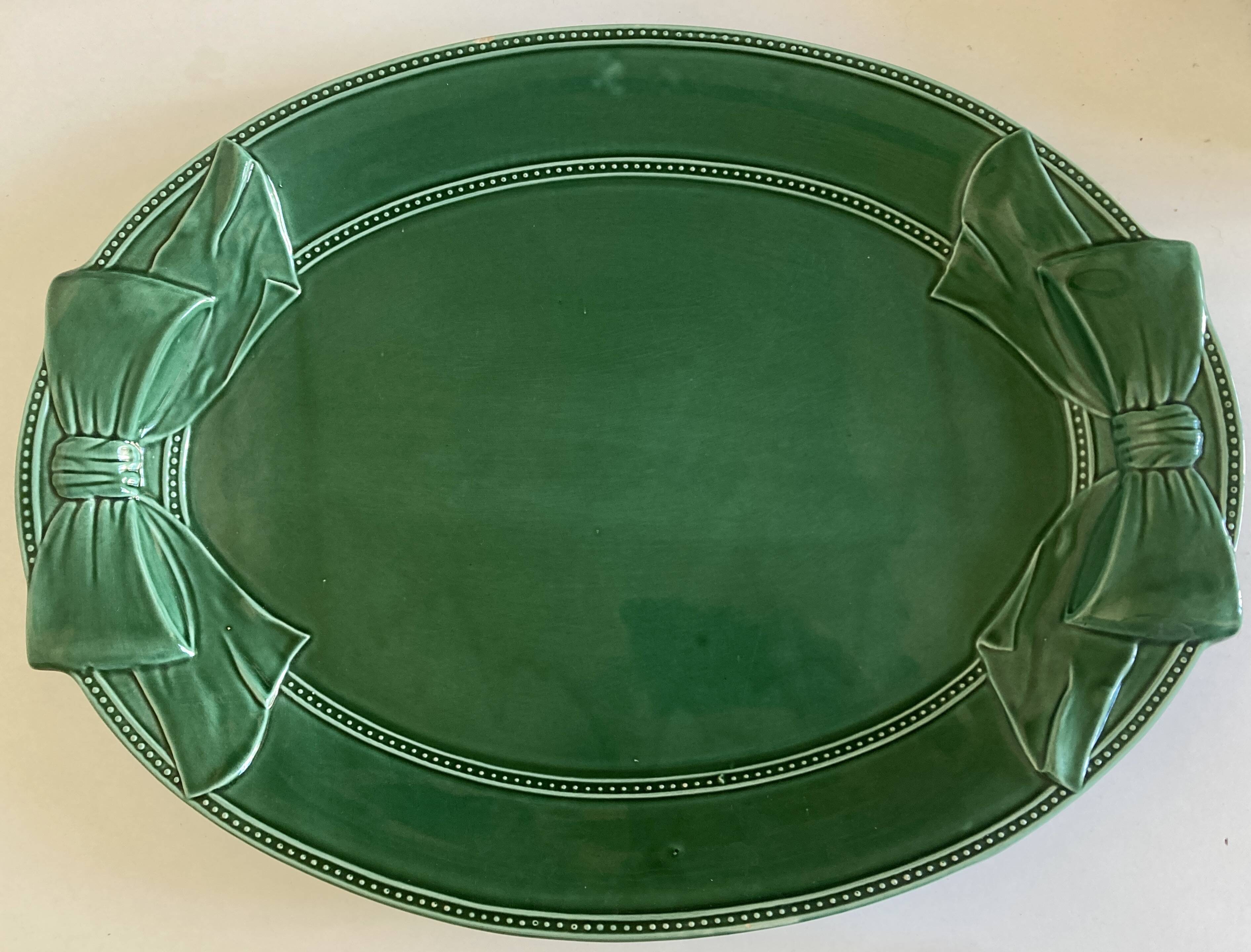 XXXL oval earthenware centerpiece dish with pearl decor, green covered, 1960s