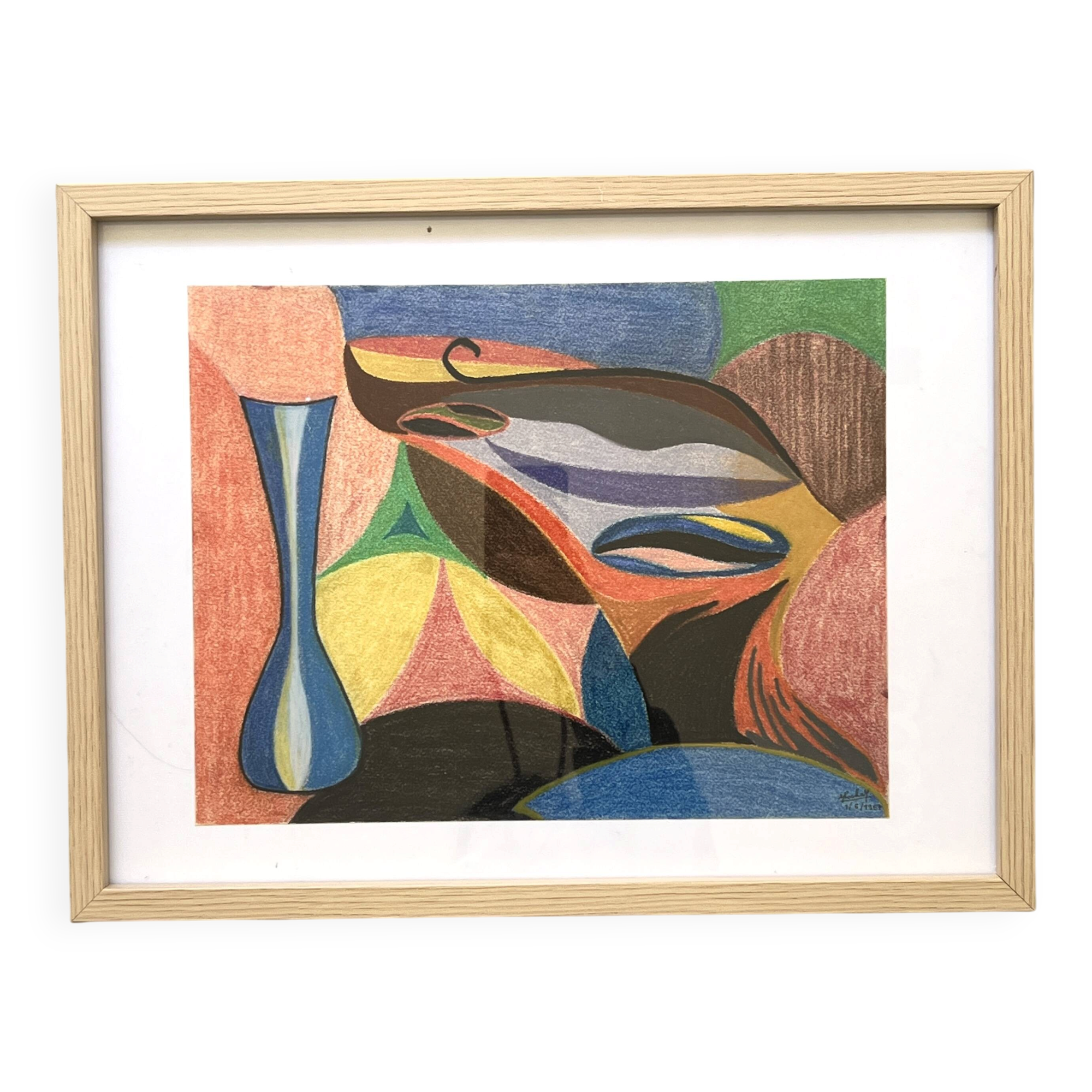 Vintage cubist still life pastel under glass and signed from 1967.