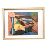 Vintage cubist still life pastel under glass and signed from 1967.