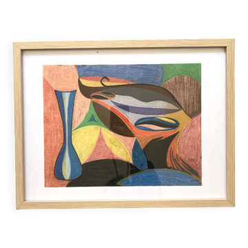 Vintage cubiste nature morte pastel sous verre et signée de 1967