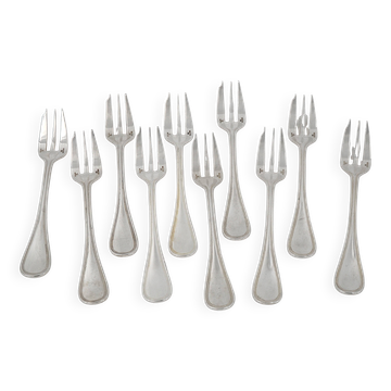 Christofle Albi, 10 fourchettes à gâteaux en métal argenté, excellent état.
