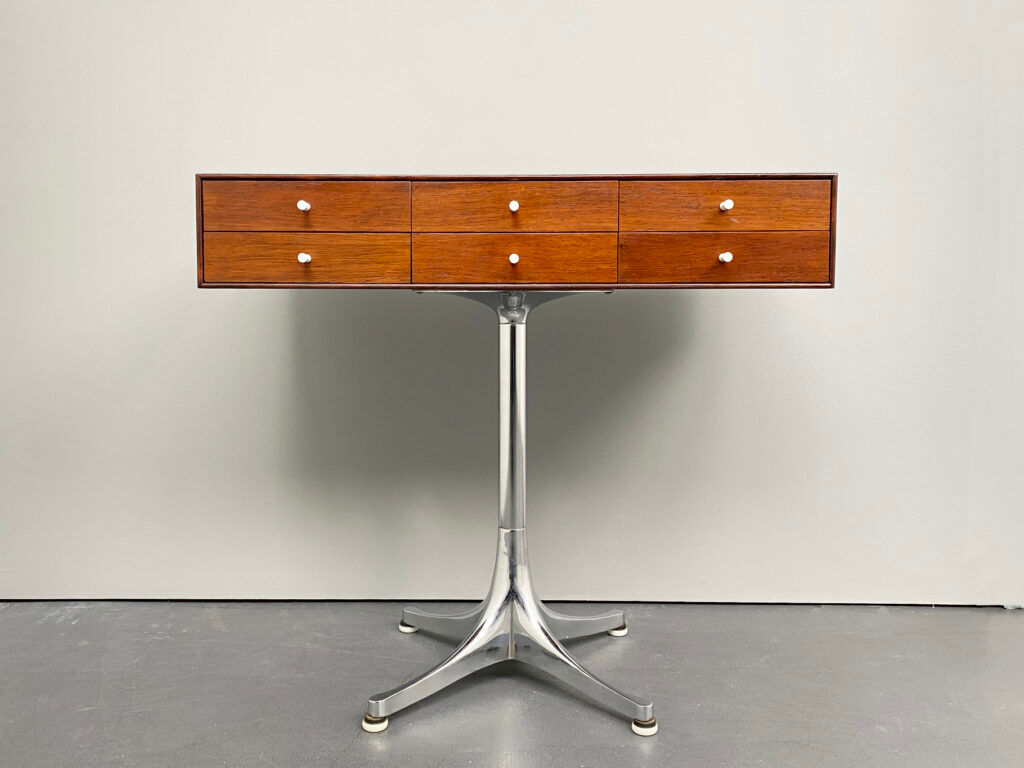 Rare small chest of drawers with 6 drawers, teak wood with chrome-plated base by George Nelson for Herman Miller, USA, 1950s