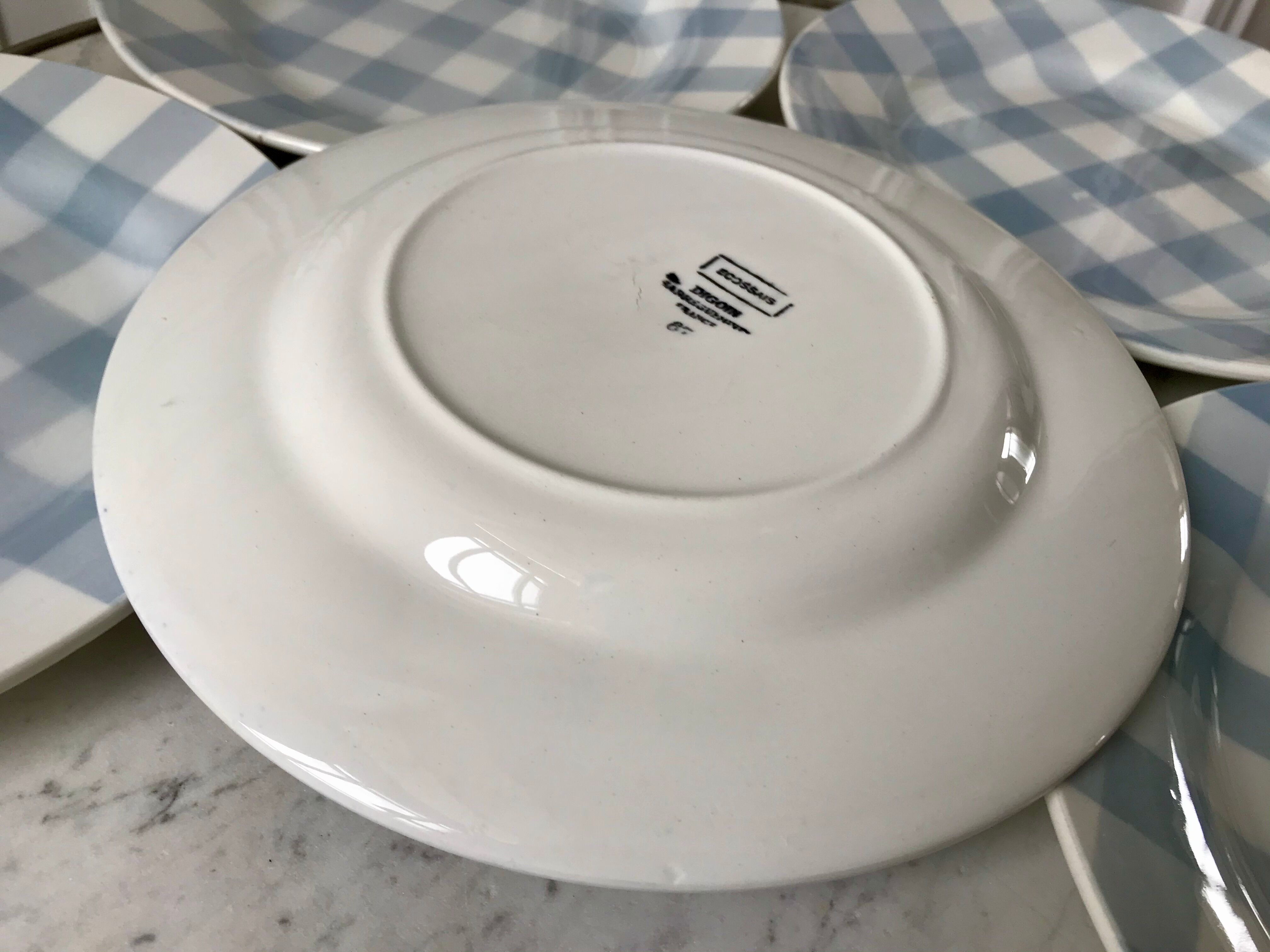 Lot de 5 assiettes plates digoin sarreguemines modèle "écossais" vichy bleu ciel années 40-50