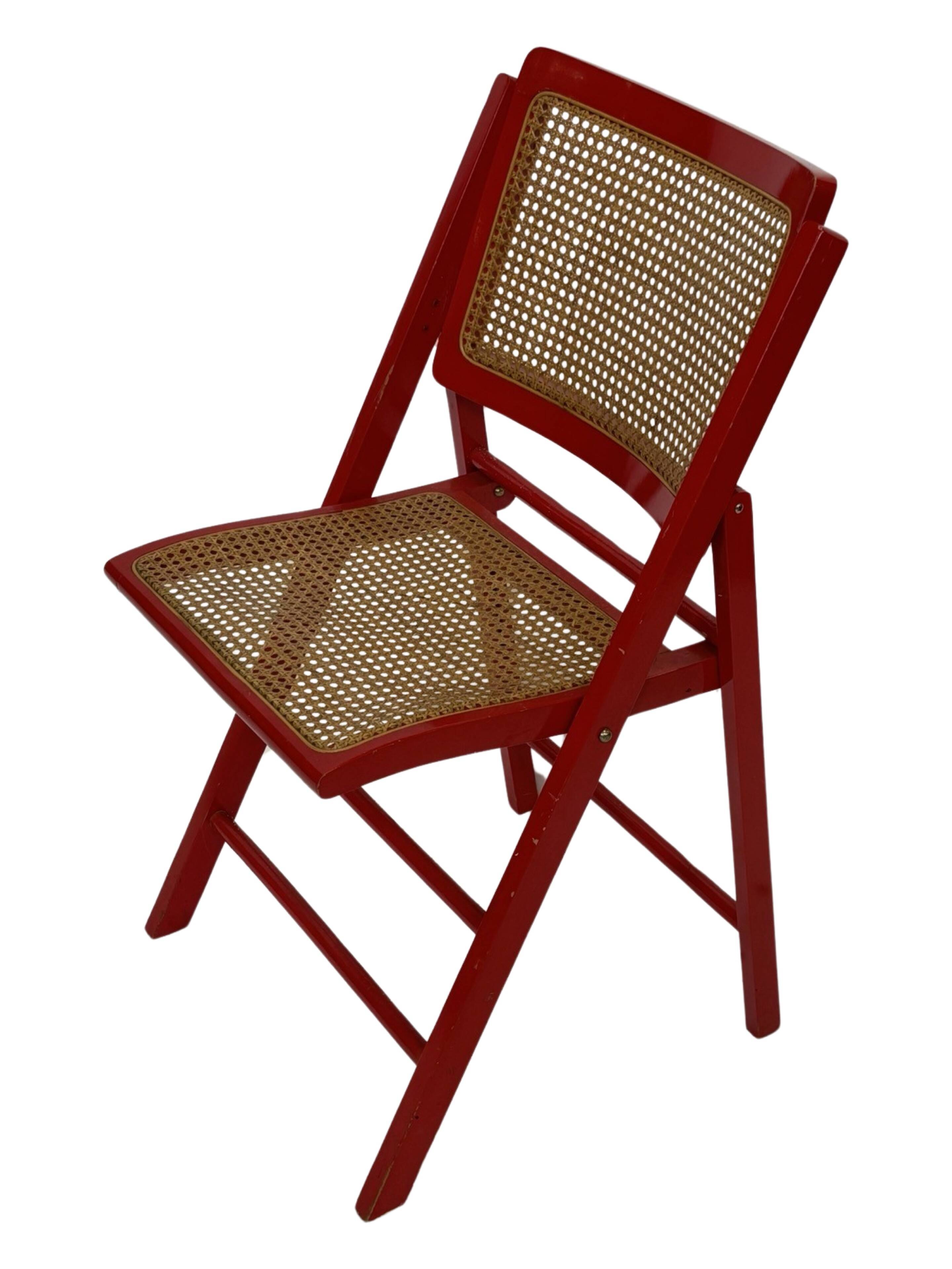 Vintage  Mid-Century Woven Cane Folding Chair  1960s in red cesca style