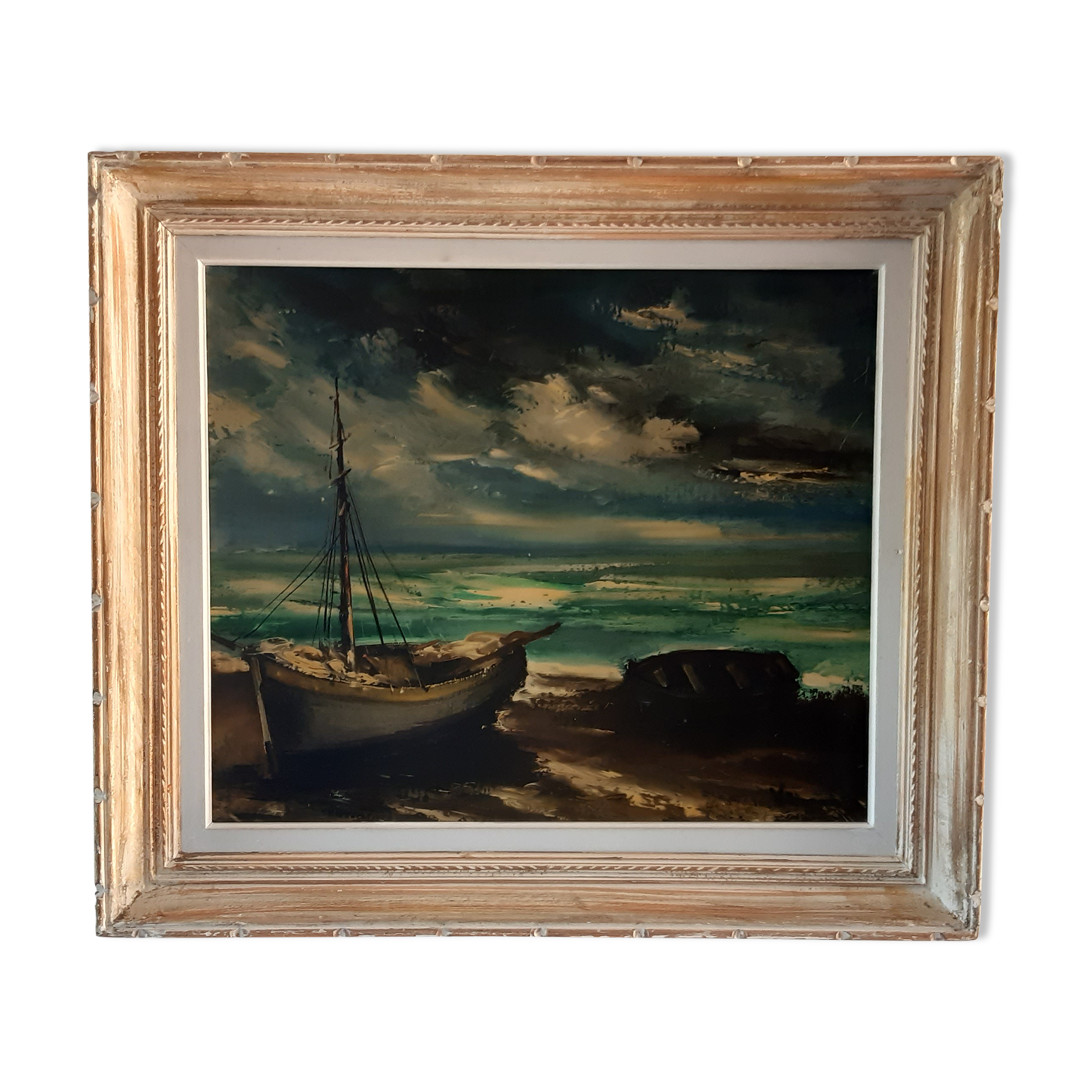 Tableau huile sur toile voilier signé vintage
