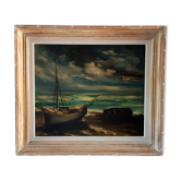Tableau huile sur toile voilier signé vintage
