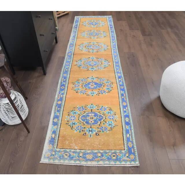 Vintage Turkish Oushak Handmade Wool Cotton Orange Runner Rug 78x313