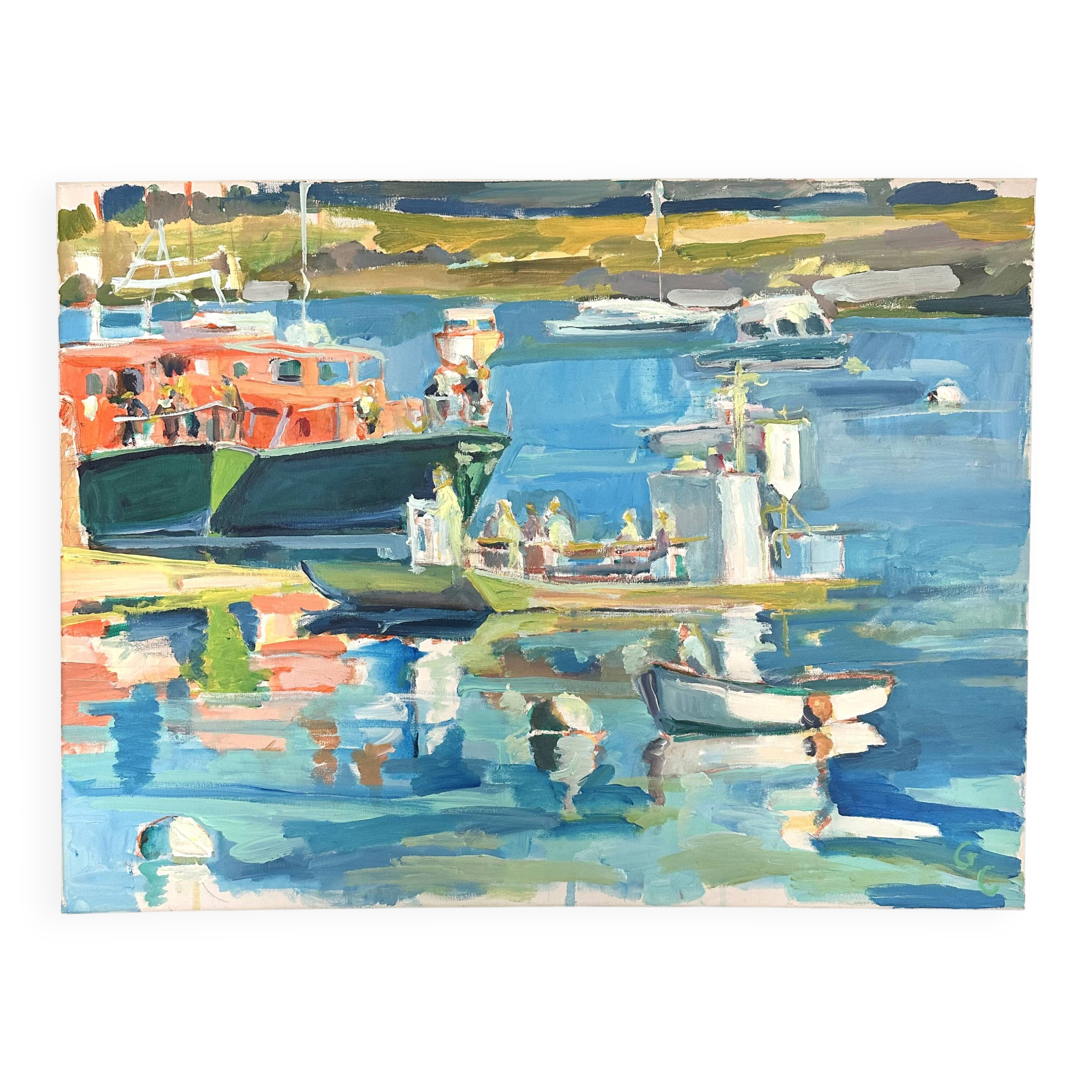 Oil on canvas signed, fishing port with colourful boats.