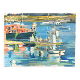 Oil on canvas signed, fishing port with colourful boats.