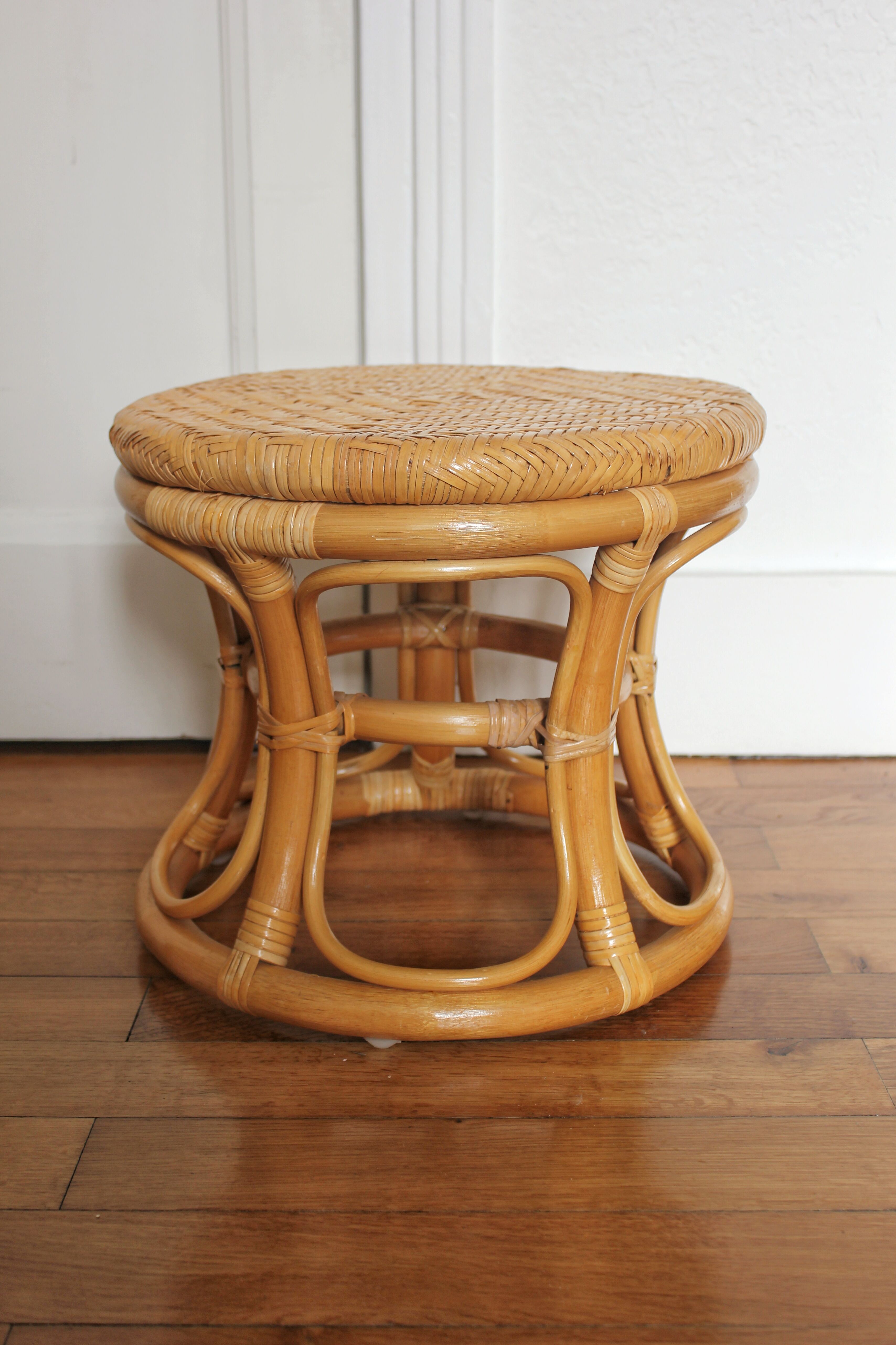 Low rattan stool and vintage canning