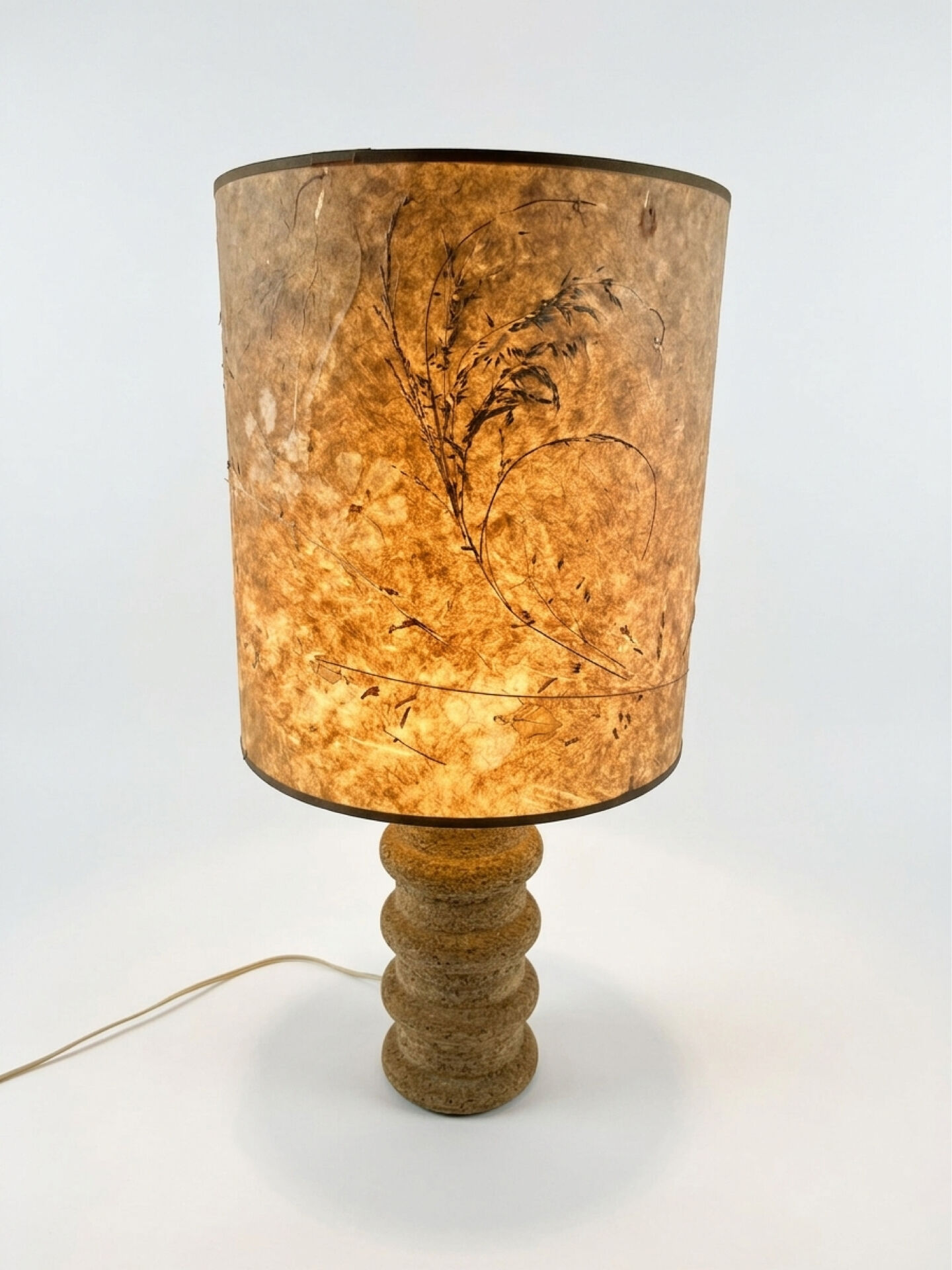 1970s brutalist lamp, handmade lampshade with herbarium/base in stone.