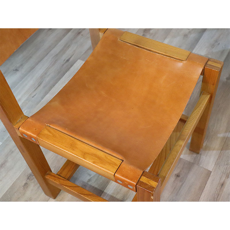 Série de 4 chaises vintage maison regain en orme et cuir 1970