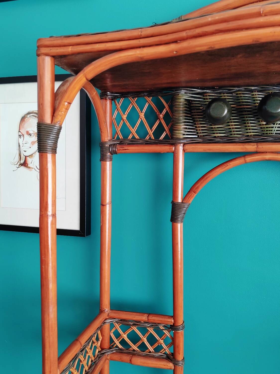 Antique rattan and bamboo coat rack