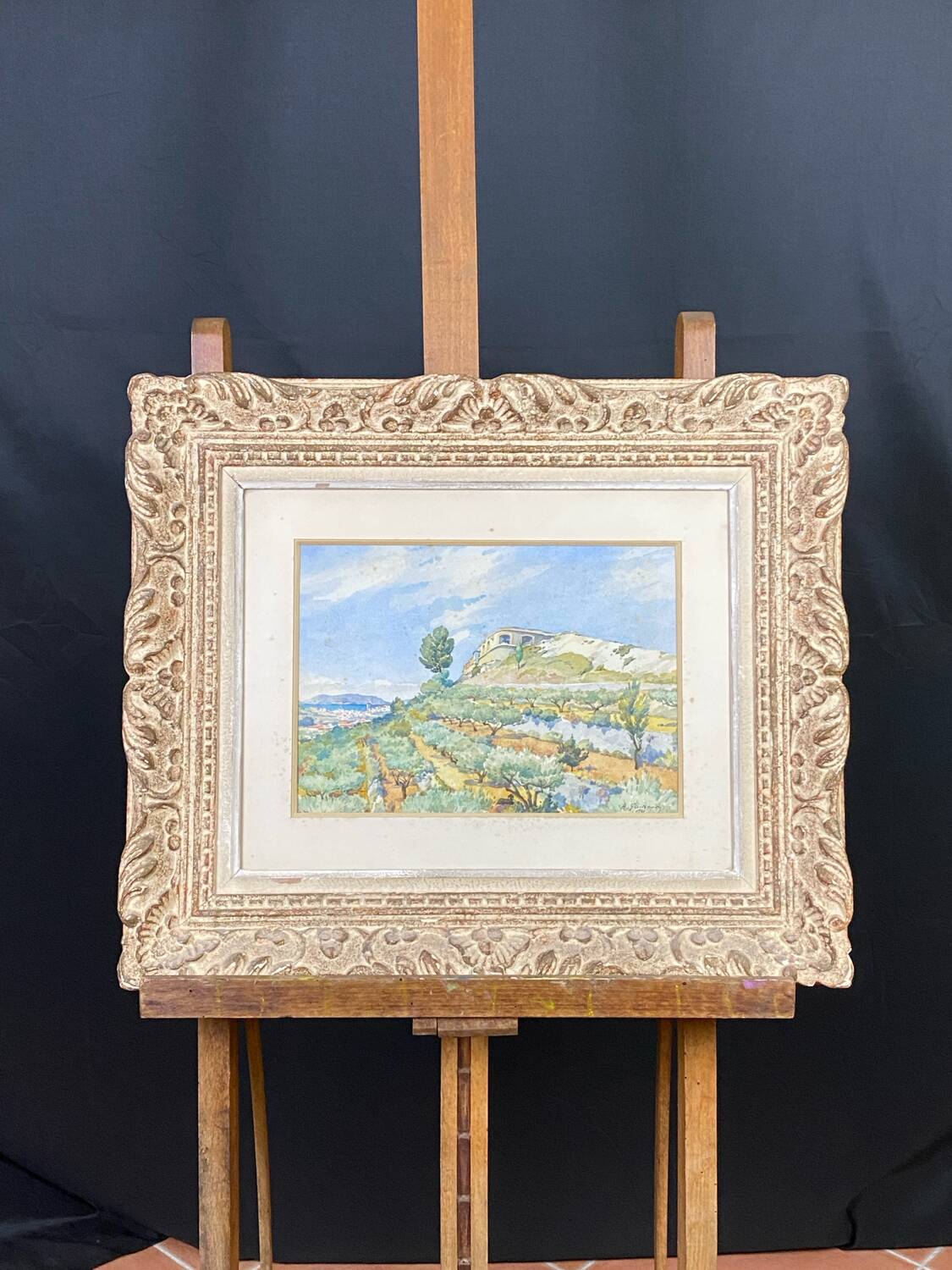 Watercolour landscape of Provence "the fort on the town", early 20th century.