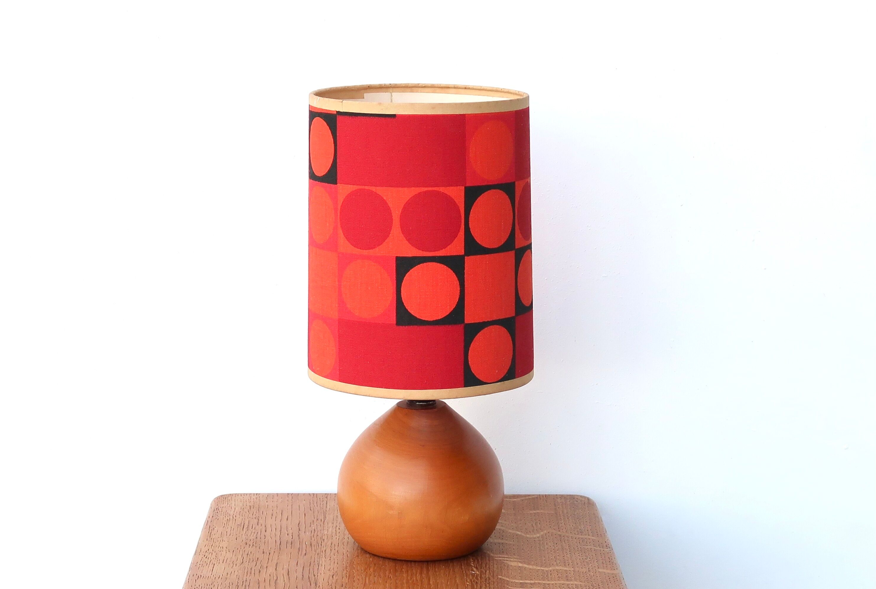 Wooden lamp, lampshade graphic fabric, 70s