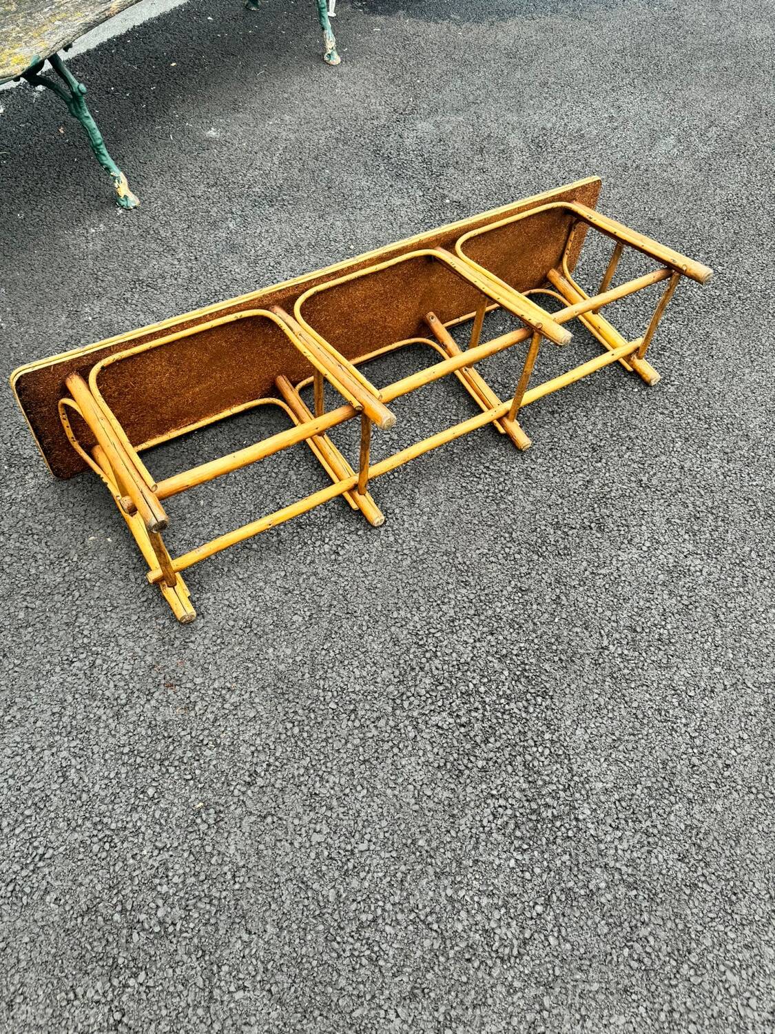 Vintage 1950s set: large table with tripod base and benches in woven chestnut