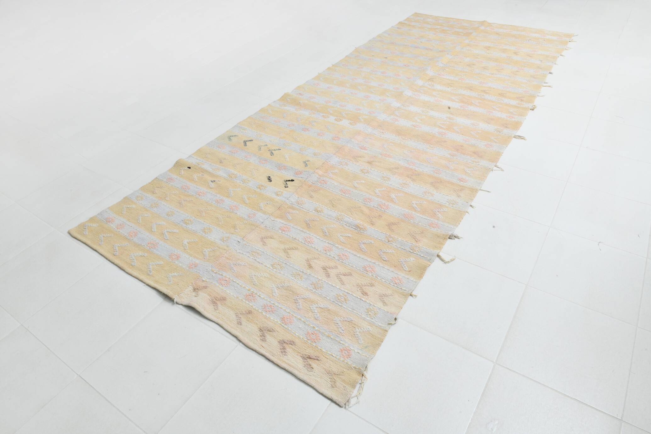 Soft Beige & Mustard Yellow Striped Wool Kilim Rug, 155x396