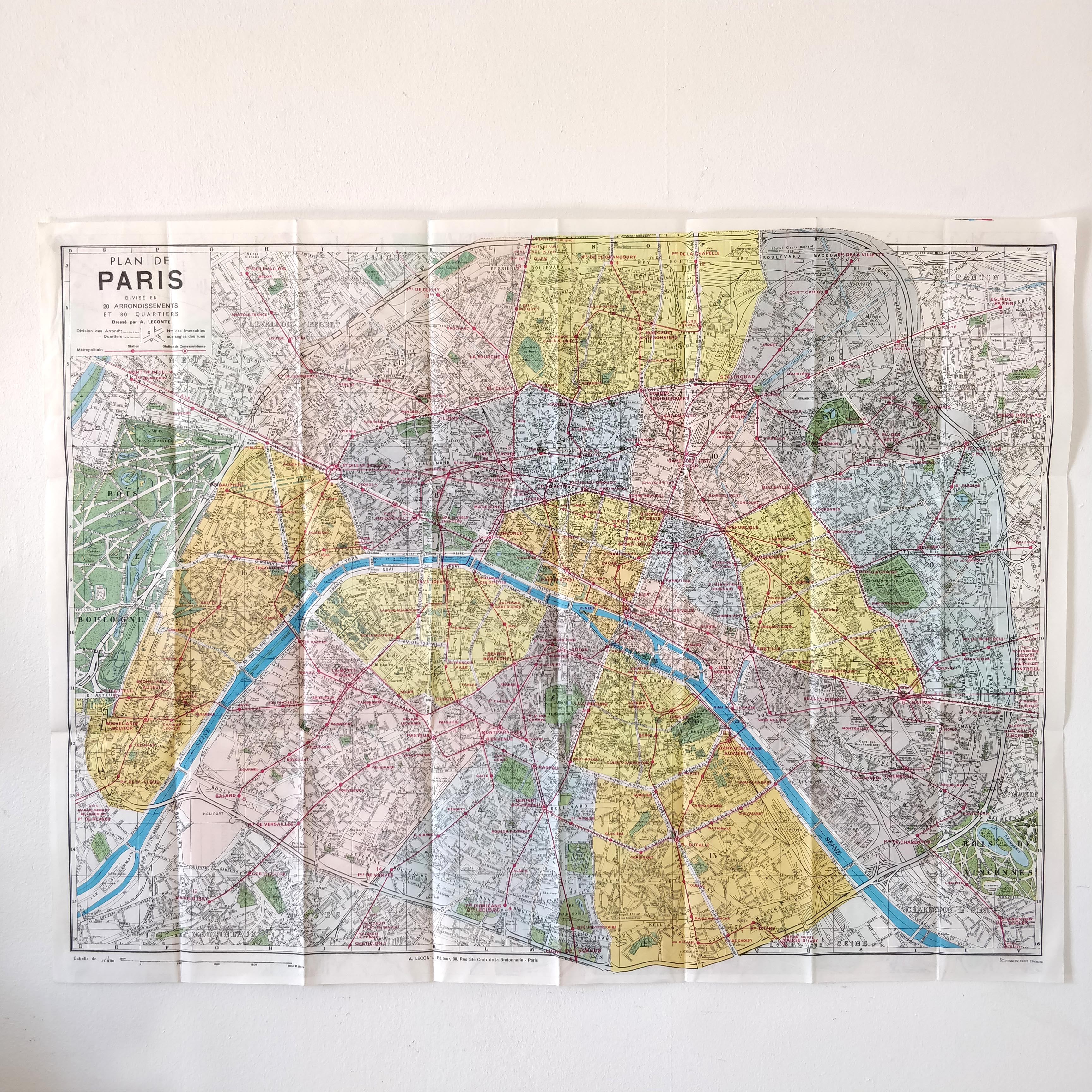 Old map New Paris monumental 75x55cm edition A. Leconte 1960