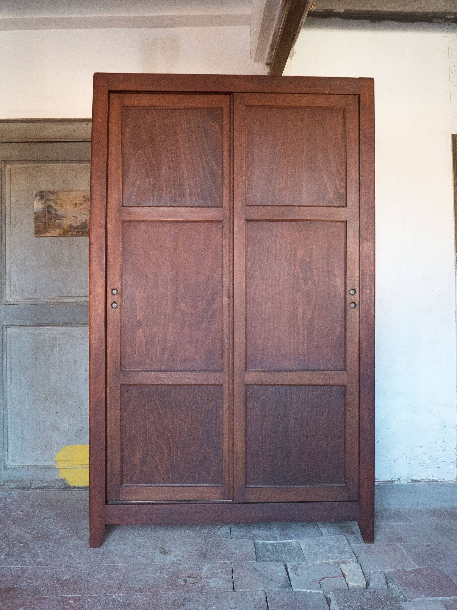 Wooden wardrobe with sliding doors, wooden wardrobe, vintage storage furniture