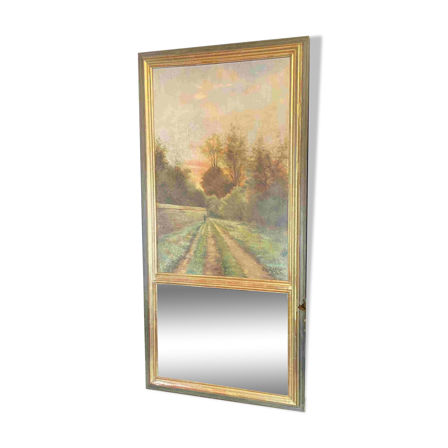 Late 19th century trumeau fireplace mirror painting signed Carlier country path