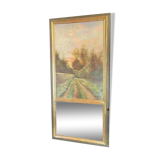 Late 19th century trumeau fireplace mirror painting signed Carlier country path