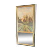 Miroir de cheminée trumeau fin XIXe tableau signé Carlier chemin campagne