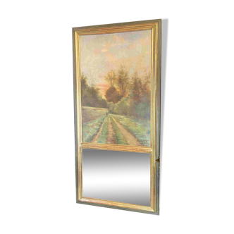 Late 19th century trumeau fireplace mirror painting signed Carlier country path
