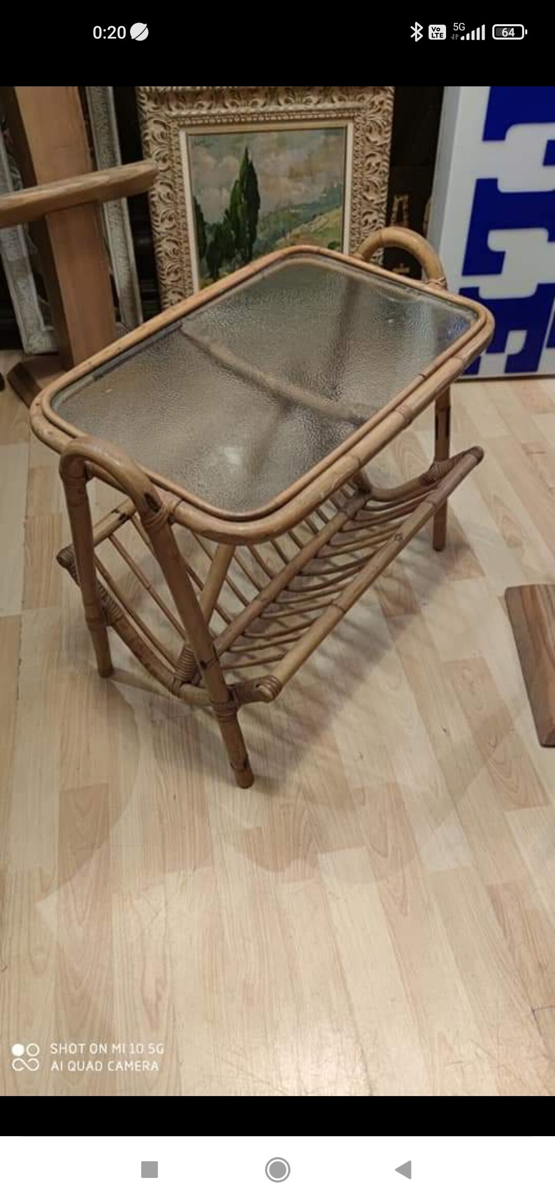 Rattan and frosted glass end table with magazine rack