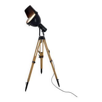 1960s Industrial Tripod Black Metal & Wood Floor Lamp