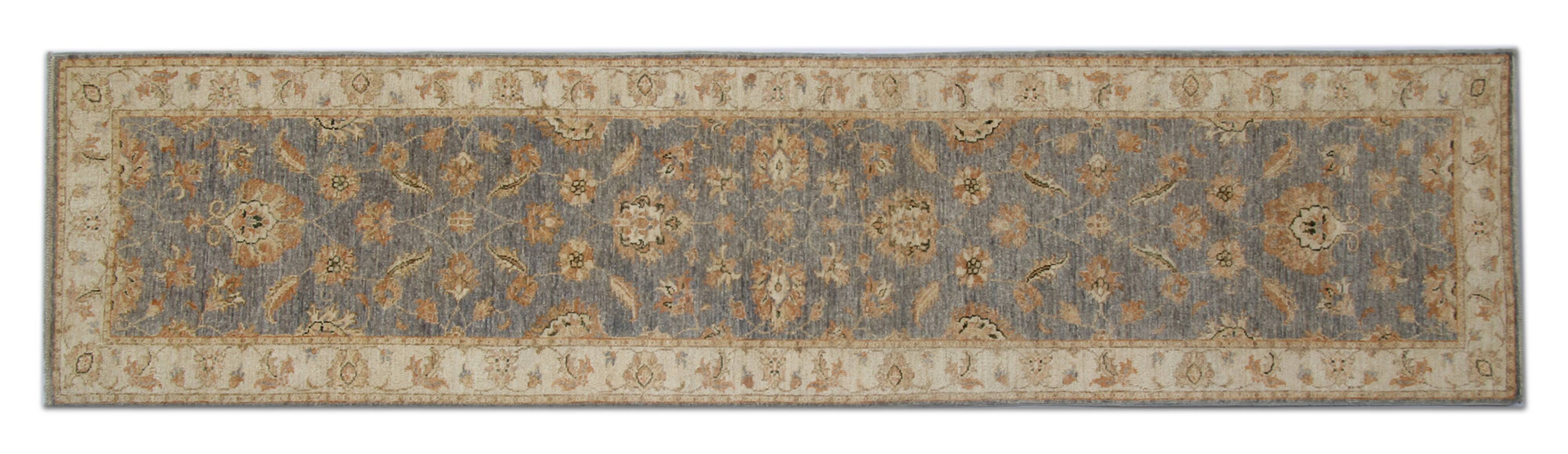 Handmade Beige & Grey Wool Runner Rug, Oriental Hallway Carpet 70x292 cm