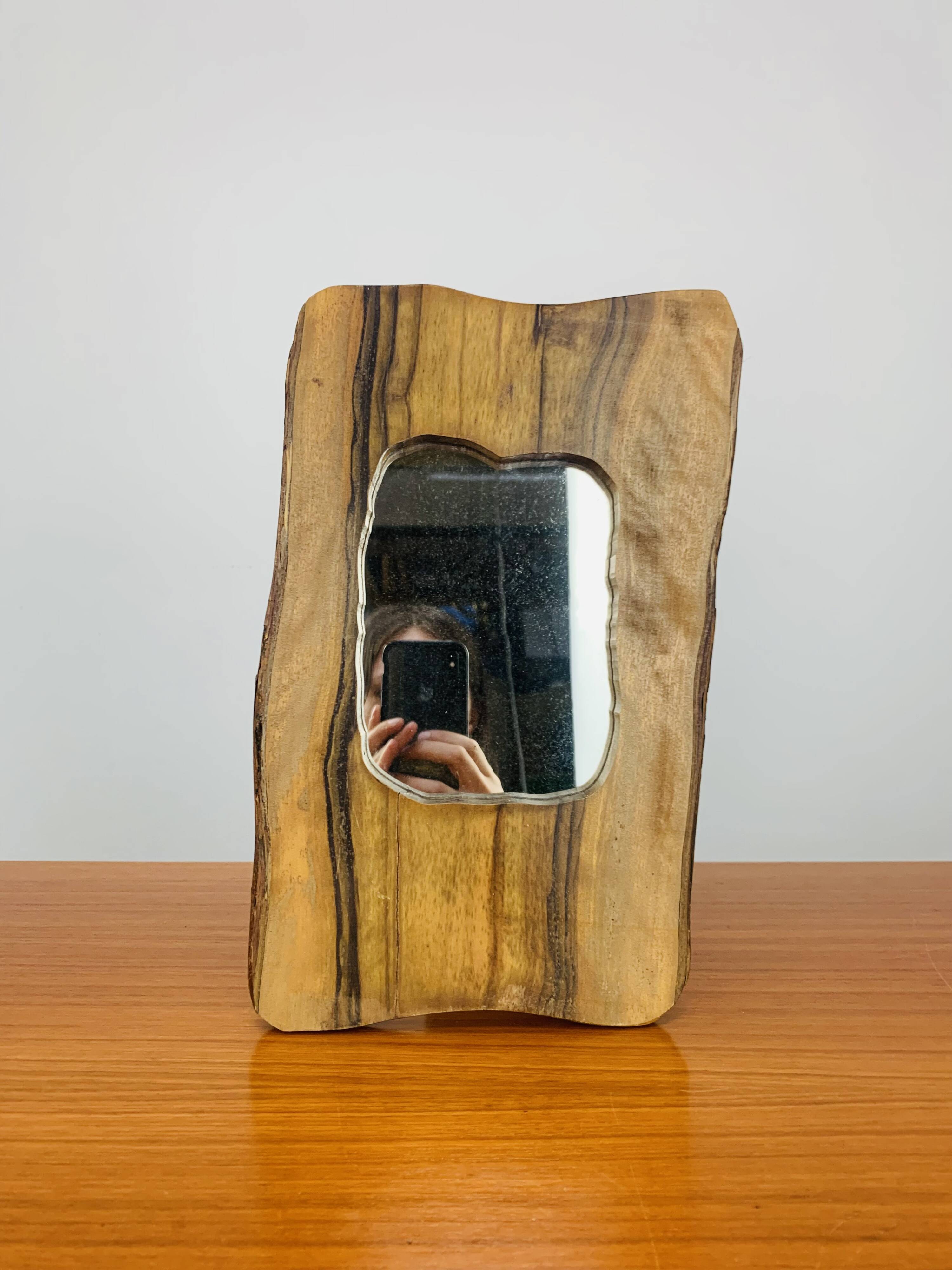 Miroir brutaliste bois d'olivier, vintage