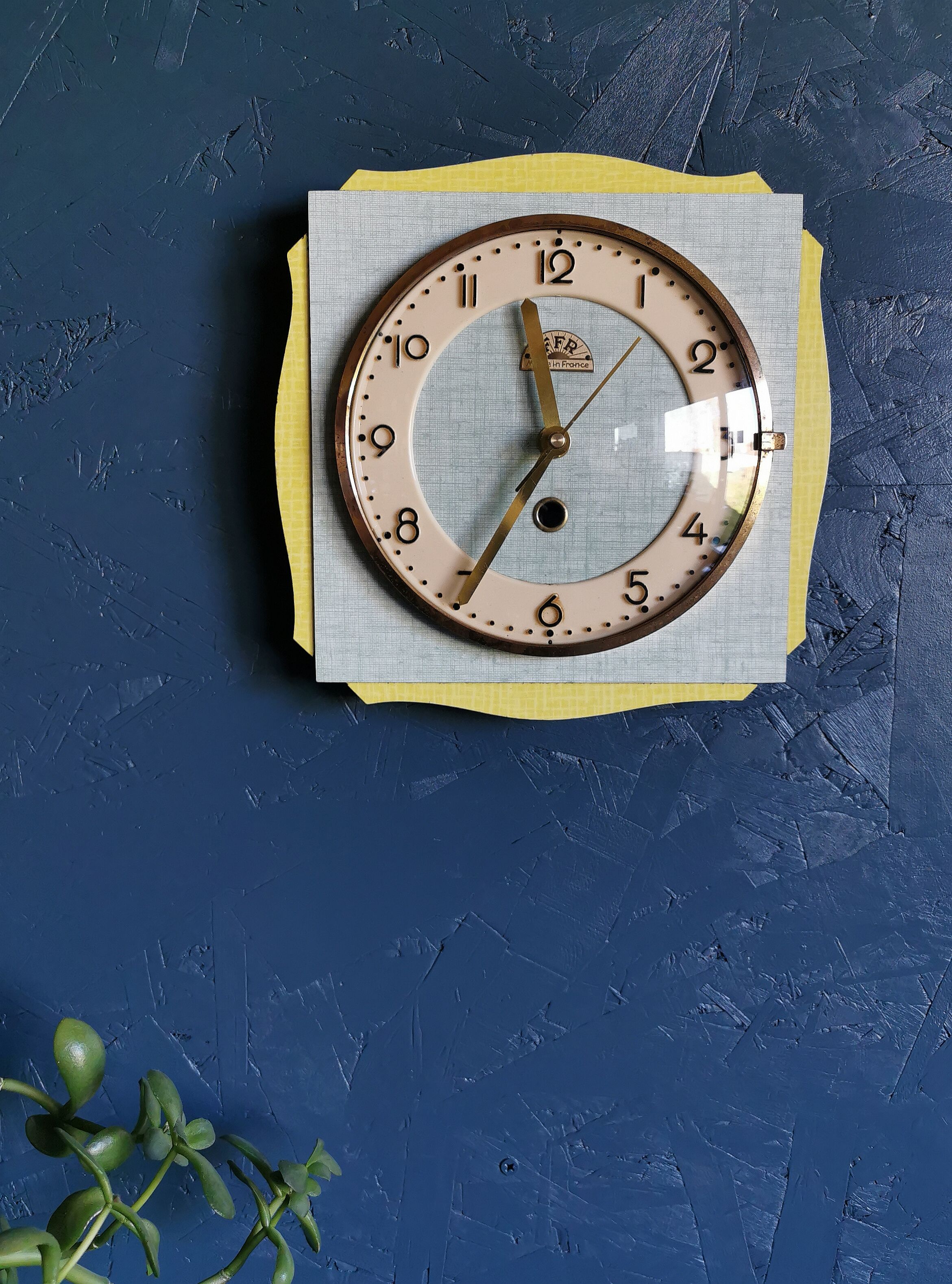 Vintage formica clock square silent wall clock "FFR yellow green"