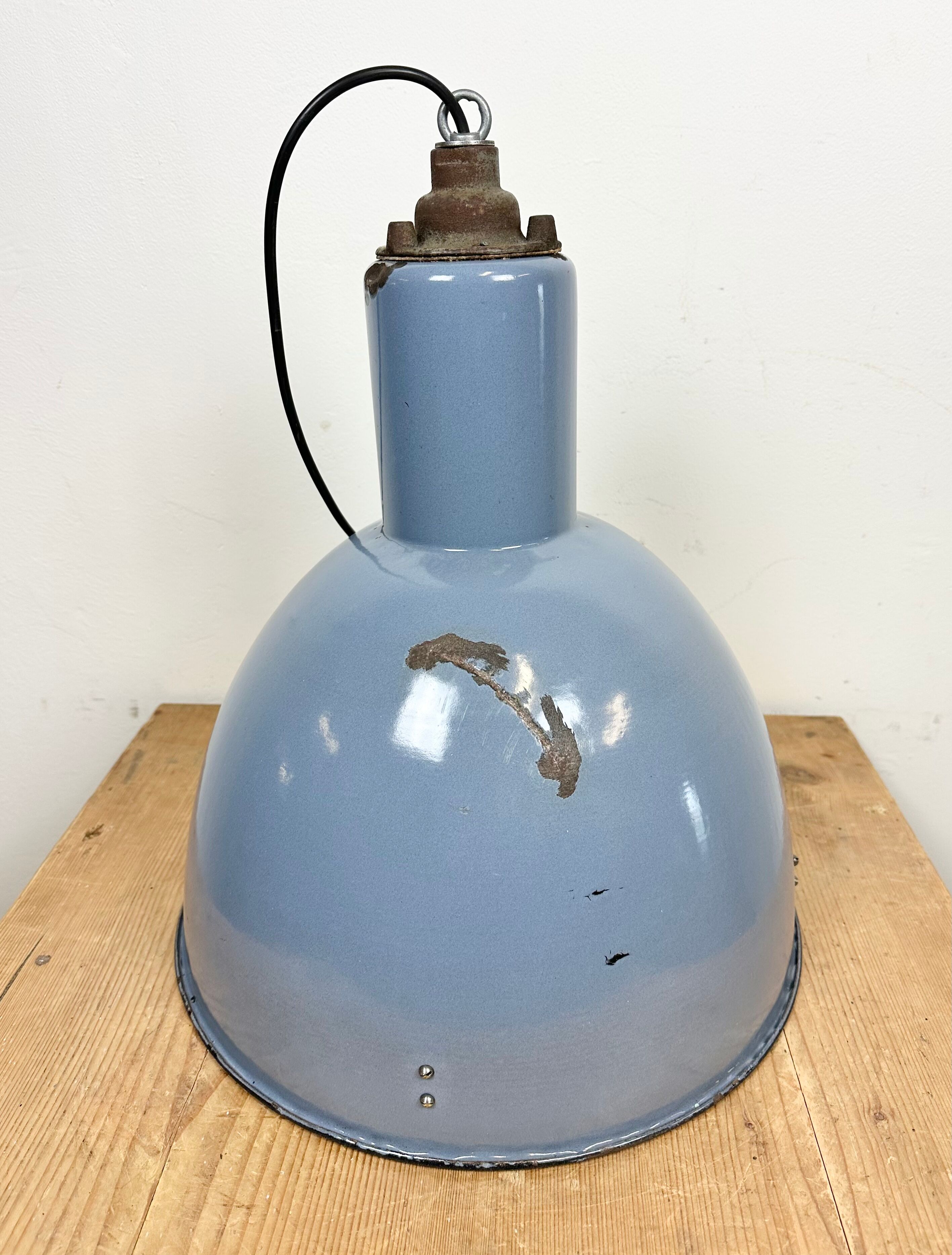 Bauhaus blue enamel industrial pendant lamp, 1950s