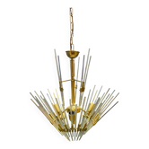Chandelier en laiton avec tiges en verre de Murano, Italie, années 1970