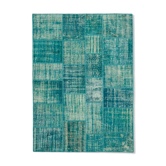 Handmade anatolian overdyed 175 cm x 242 cm turquoise patchwork carpet