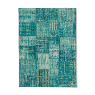 Handmade anatolian overdyed 175 cm x 242 cm turquoise patchwork carpet