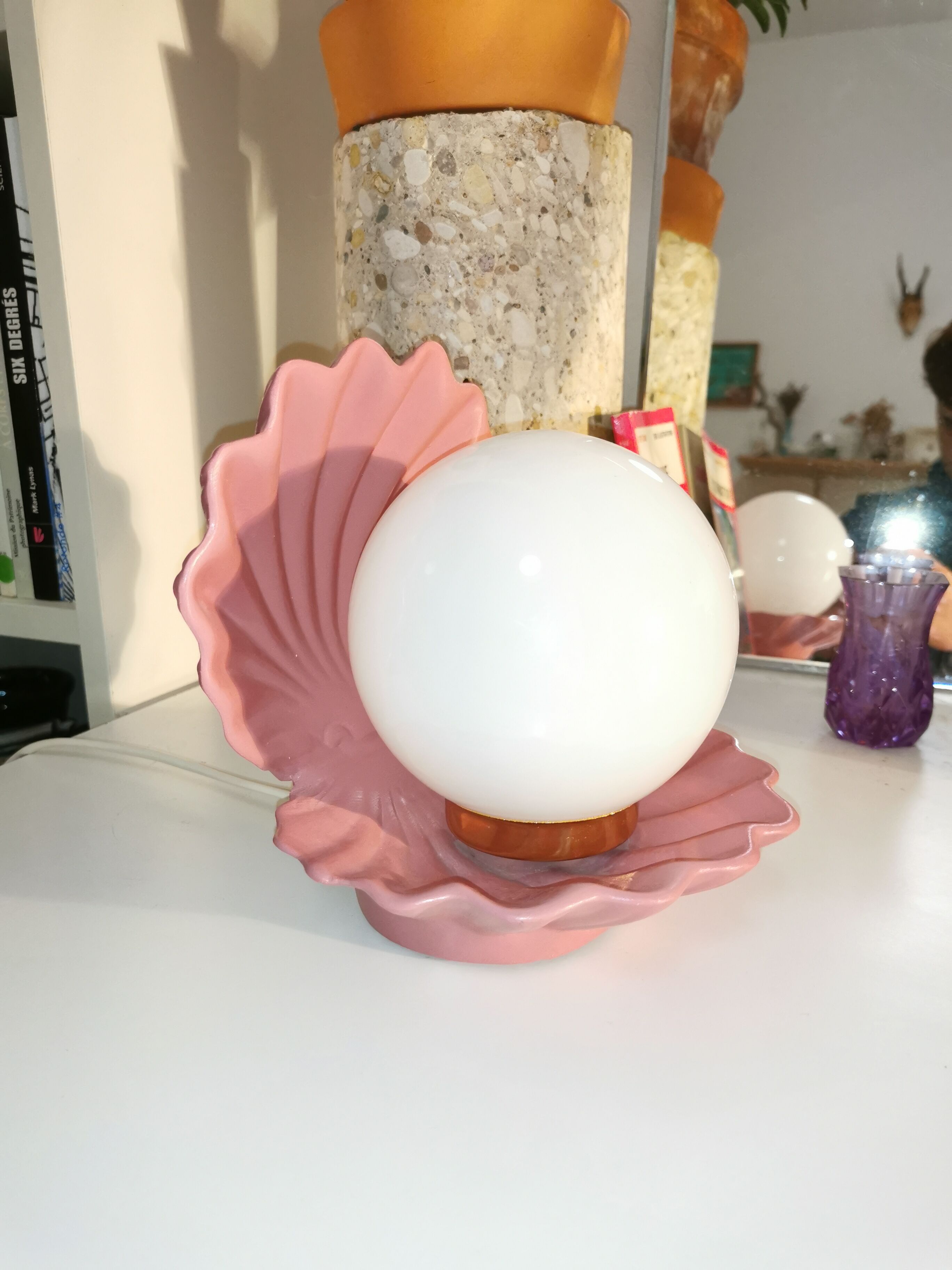 Ceramic shell lamp and opaline bead, saint-jacques, france, 1980