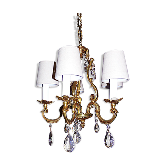 France Vintage - Antique Brass Chandelier with Tassels and Lampshades