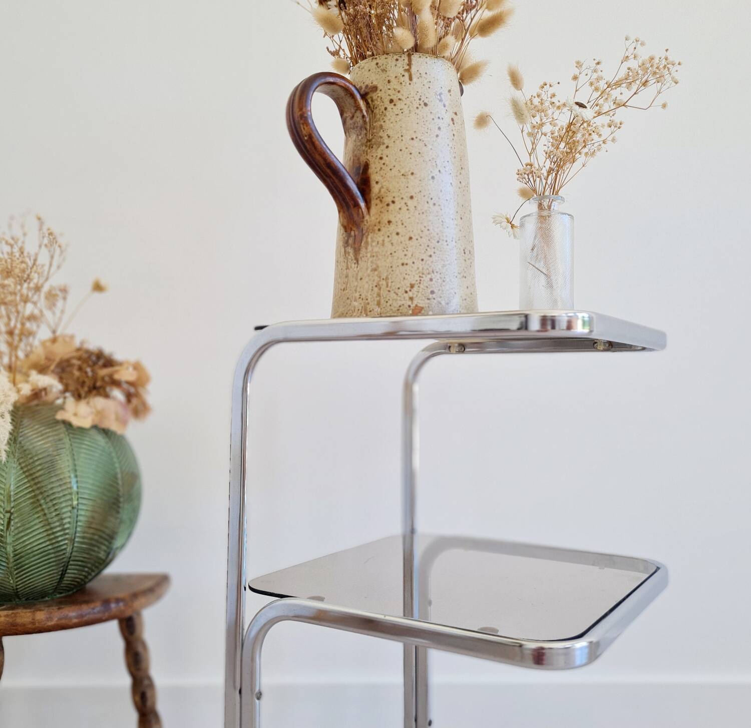 Side table - chrome and smoked glass table - vintage design