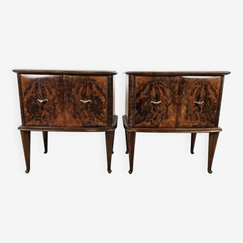 Pair of 1950s bedside tables in walnut briar with glass top