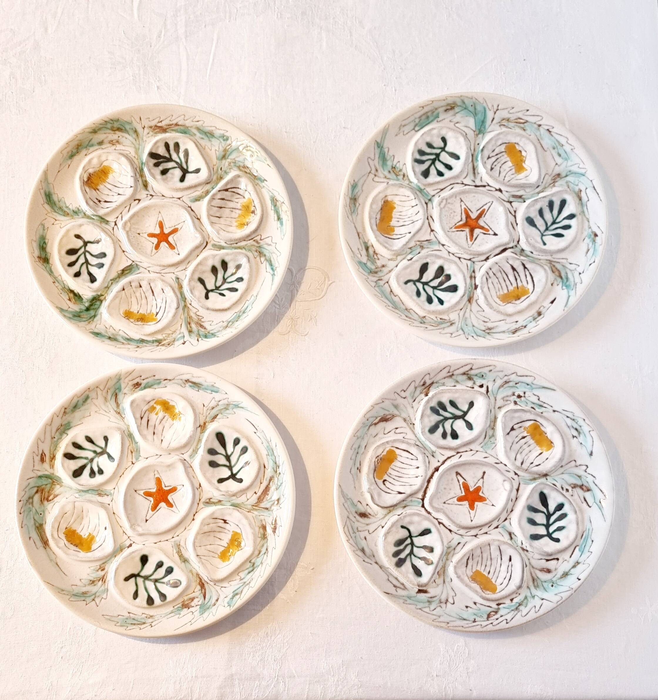 Interesting French porcelain oyster dish MBFA Pornic hand-painted marine M.