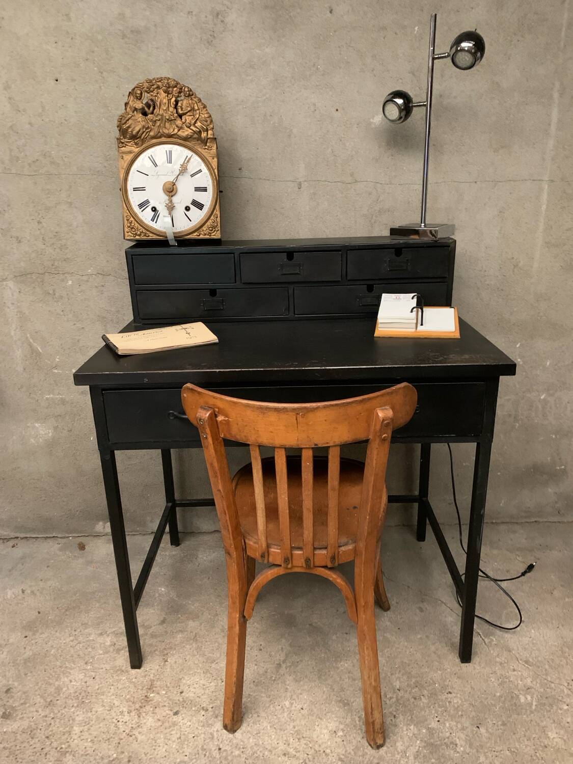 Matte black industrial secretary desk